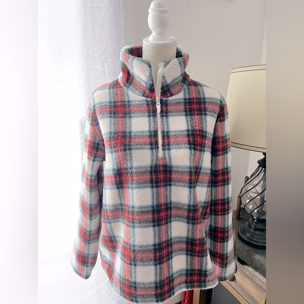 J Crew Plaid Fleece Quarter-Zip Pullover